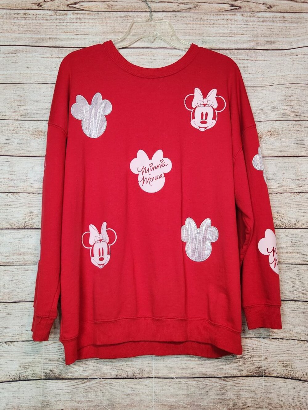 Disney Minnie Mouse Red Crew Neck Silver Icon Graphic Pullover Sweatshirt Sz XL